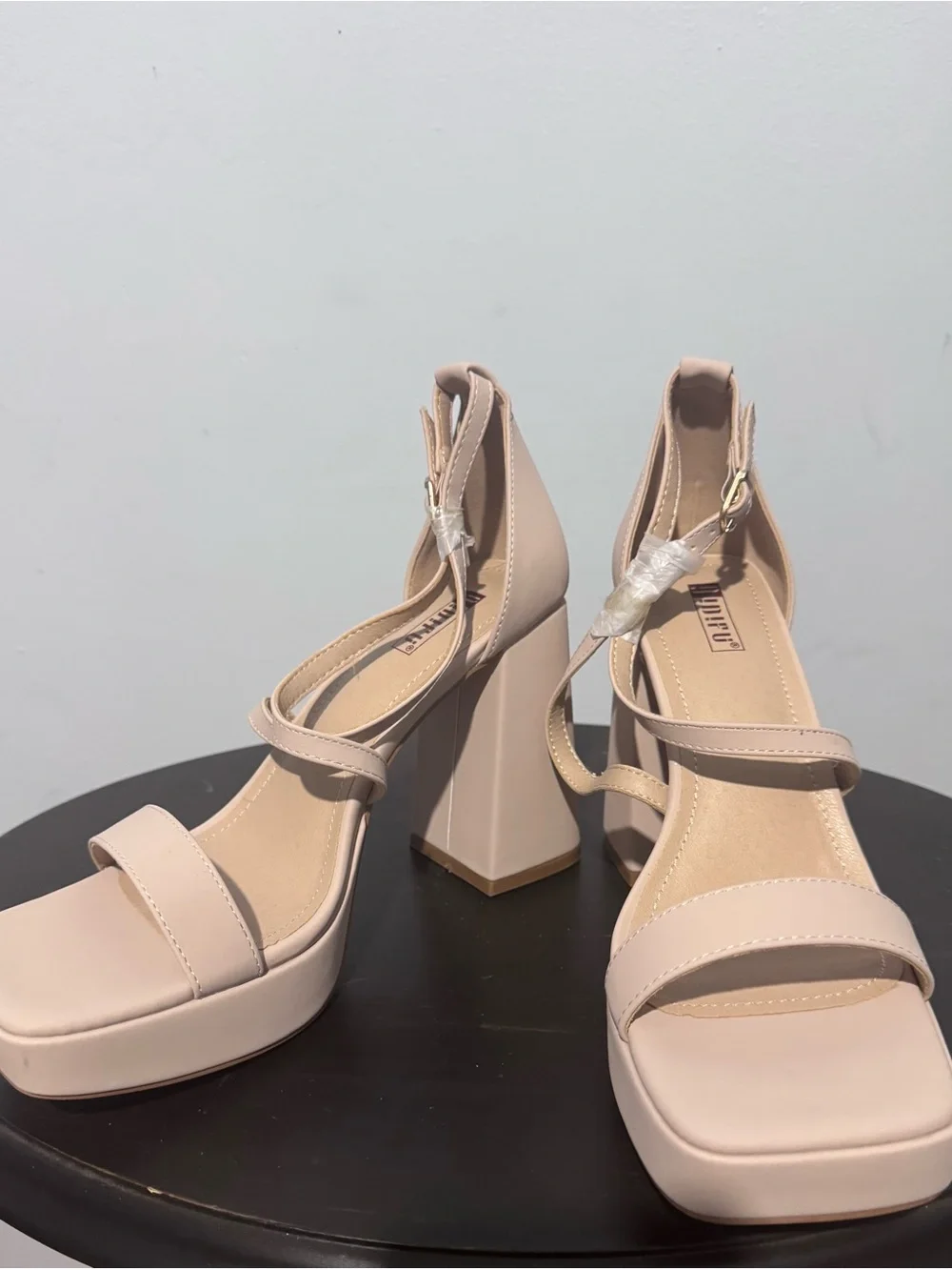 Nude Block Heel Platform Sandals with Ankle Strap